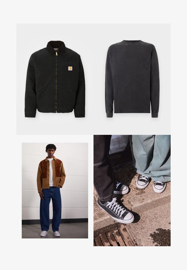 Crna jakna na zip s okovratnikom od smešnog kordura, dva bočna džepa i mala kvadratna oznaka Carhartt na lijevoj strani prsiju.; Dugi rukav, majica s okruglim izrezom u tamnosivoj boji, napravljena od meke mješavine pamuka. Ima rebraste manšete i izrez s glatkom, lagano teksturiranom završnom obradom.; Muškarac stoji unutra odjeven u smeđi široki šal s hrđavim mrljama, bijelu majicu, labave plave traperice i bijele tenisice.; Crne platnene tenisice niskog kroja s bijelim gumenim kapicama i vezicama, uparene s širokim zelenim trapericama, na strukturiranoj kamenoj površini.
