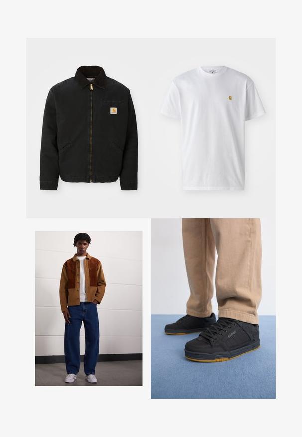 Μαύρο μπουφάν με φερμουάρ και καφέ κοτλέ γιακά, δύο πλαϊνές τσέπες και ένα μικρό τετράγωνο λογότυπο Carhartt στο αριστερό στήθος.; Λευκό βαμβακερό T-shirt με κοντά μανίκια, κλασική λαιμόκοψη, που διαθέτει ένα μικρό χρυσό λογότυπο στην αριστερή περιοχή του στήθους. Μαλακή υφή και κανονική εφαρμογή.; Άνδρας που στέκεται σε κλειστό χώρο φορώντας καφέ μαλακό σακάκι με ζωηρές ραφές, λευκό μπλουζάκι, φαρδιά μπλε τζιν και λευκά αθλητικά παπούτσια.; Μαύρα σκατ σκέιτ παπούτσια με υφή από συνθετικό υλικό, με μαξιλαρωτή σόλα, γκρι κορδόνια και σόλα από καουτσούκ γκούμε. Φορεμένα με ανοιχτό μπεζ παντελόνι.