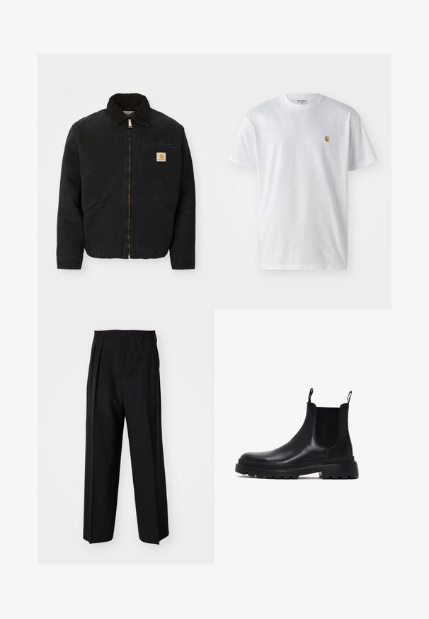 Veste noire à zip avec un col en velours côtelé marron, deux poches latérales et un petit patch carré avec le logo Carhartt sur la poitrine gauche.; T-shirt en coton blanc à manches courtes, col rond, avec un petit logo doré sur la poitrine gauche. Texture douce et coupe régulière.; Pantalons plissés noirs avec un design droit et large. Fabriqués en tissu lisse, avec une fermeture à bouton et des passants de ceinture.; Bottines Chelsea en cuir noir avec des panneaux élastiques sur les côtés, des languettes de tirage et une semelle en caoutchouc épaisse avec un motif texturé. Design classique à hauteur de cheville.
