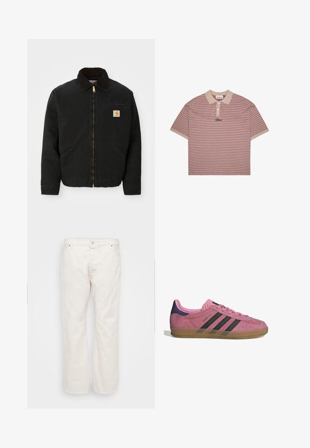 Črna jakna z zadrgo in ovratnikom iz rjave žameta, z dvema stranskima žepoma in majhno kvadratno oznako Carhartt na levem prsnem delu.; Polo majica s kratkimi rokavi v roza barvi z geometrijskim vzorcem, bež ovratnikom, tremi belimi gumbi in vezenim logotipom na prsih.; Bele denim hlače ravnega kroja, ki imajo zapiranje na gumb, zanke za pas in dva stranska žepa. Gladka tekstura, minimalno oblikovanje.; Roza semišna tenisača z črnimi stripe, gumijastim podplatom in teksturiranim vijoličastim petnim delom. Ima vezalni dizajn in embosirano blagovno znamko na strani.