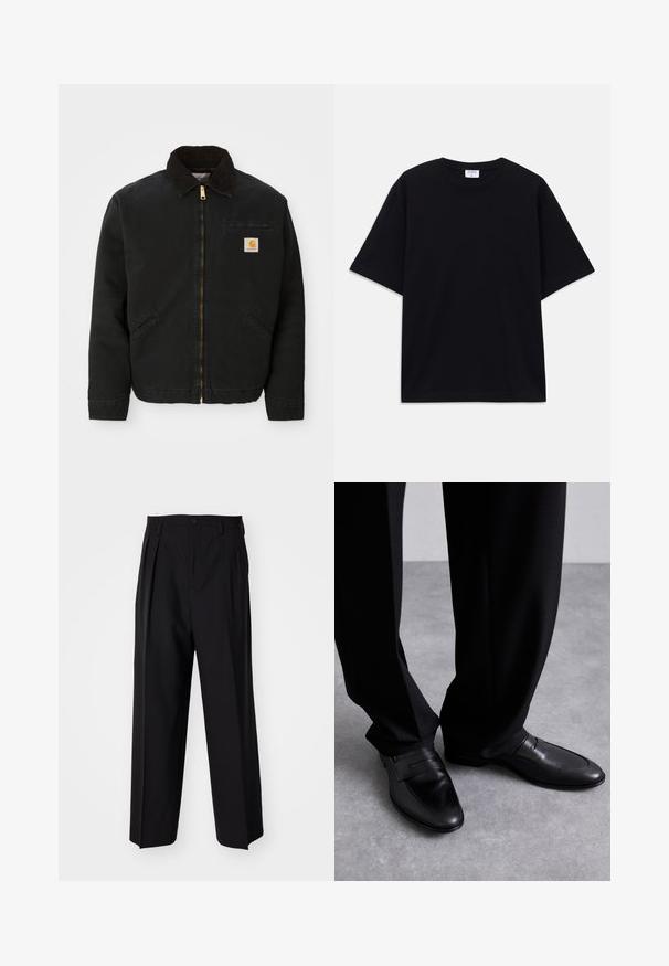 Schwarze zip-up Jacke mit braunem Cordkragen, zwei Seitentaschen und einem kleinen quadratischen Carhartt-Logo-Patch auf der linken Brust.; Schwarzes, oversized T-Shirt mit kurzen Ärmeln und rundem Ausschnitt, mit sichtbarem Filippa K Markenlabel im Kragen.; Schwarze, plissierte Hose mit geradem, weitem Bein. Hergestellt aus glattem Stoff, mit Knopfverschluss und Gürtelschlaufen.; Schwarze Lederloafers mit glatter Textur, ausgestattet mit einem eleganten Design und auffälligen Riemen-Details, kombiniert mit maßgeschneiderten schwarzen Hosen.