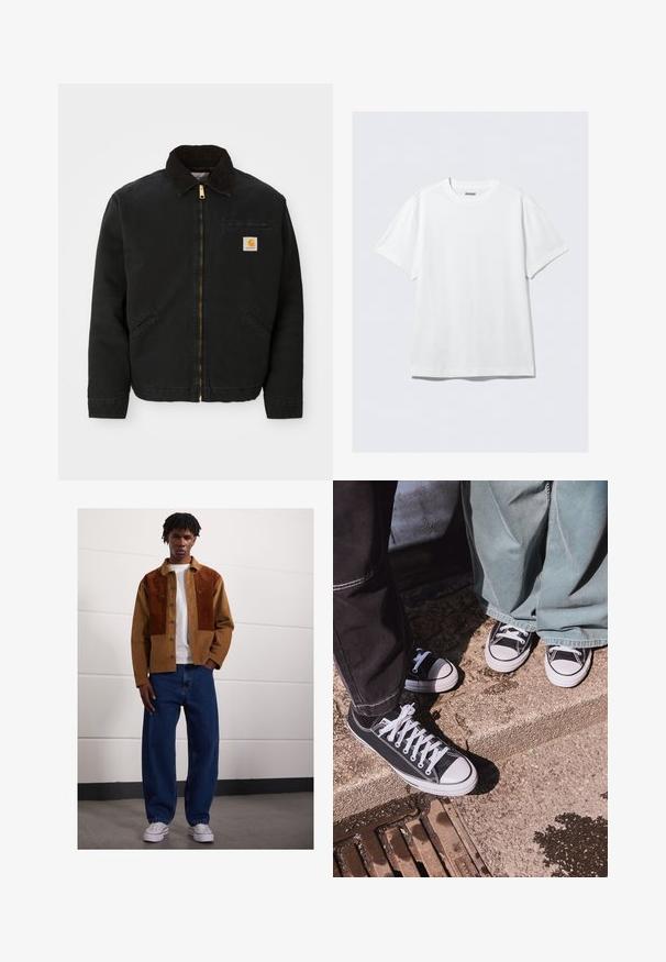 Fekete zipzáras dzseki barna kordbársony gallérral, két oldalsó zsebbe és egy kis négyzet alakú Carhartt logóval a bal mellen.; Fehér, rövid ujjú póló, puha pamutból készült. Kerek nyakkivágással és laza szabással rendelkezik, sima textúrával és egyszerű, díszítés nélküli kivitelben.; Férfi áll bent egy barna kordbársony dzsekiben rozsdás foltokkal, fehér pólóban, laza kék farmerben és fehér sportcipőben.; Fekete vászon, alacsony szárú sportcipők fehér gumibókos részekkel és fűzőkkel, széles zöld farmernadrággal párosítva, egy textúrált kőfelületen.