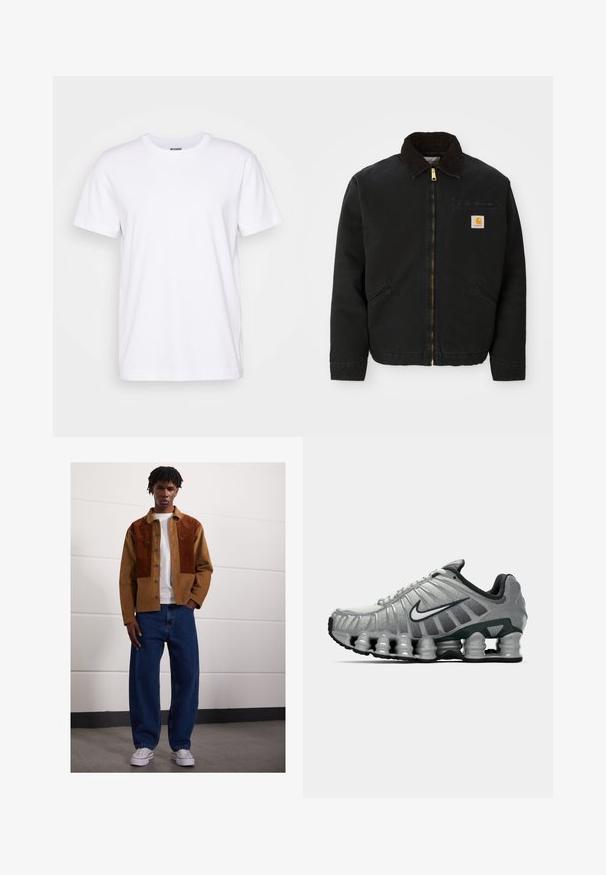 Juodas užtrauktukas švarkas su rudąja kordurojo apykakle, dviem šoninėm kišenėm ir mažas kvadratinis Carhartt logotipo pleistras kairėje krūtinės pusėje.; Balta medvilnės marškinėliai su apvaliu iškirpimu ir trumpomis rankovėmis. Turi tiesų kirpimą, o apykaklės viduje išspausdintas prekės ženklas "WEEKDAY".; Vyras, stovintis patalpose, apsirengęs rudų veliūrinių švarku su rust spalvos dėmėmis, balta marškinėliais, laisvomis mėlynomis džinsomis ir baltais sportbačiais.; Pilkai juodas Nike bėgimo batas su matomu pavasario tipo amortizacija po padu ir baltu swoosh logotipu šone.