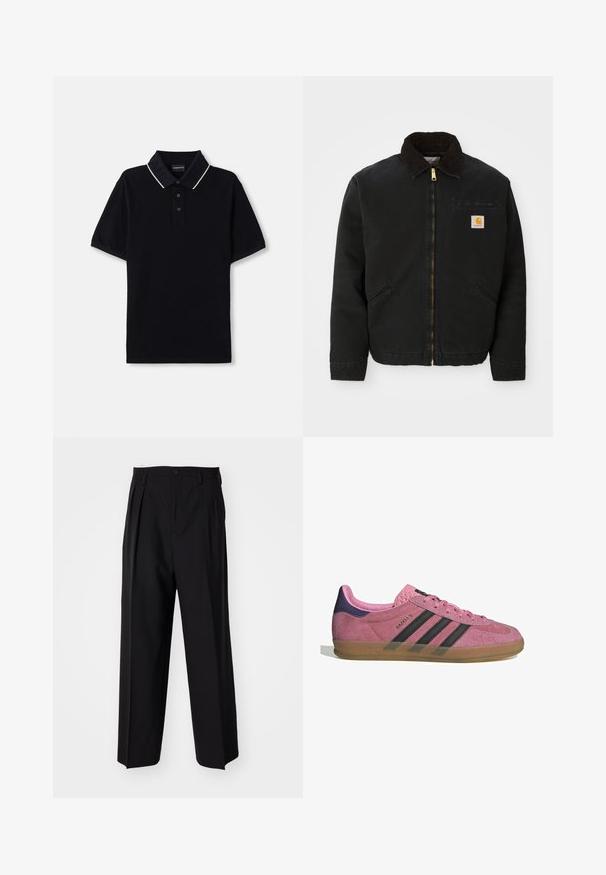 Black zip-up jacket with brown corduroy collar, two side pockets, and a small square Carhartt logo patch on the left chest.; Black polo shirt with short sleeves, textured collar featuring white trim, and three-button placket. Brand name on collar.; Light pink button-up shirt with vertical blue stripes, collared neck, long sleeves, and a loose fit. Made from smooth fabric with a slight sheen.; Black pleated trousers with a straight, wide-leg design. Made from smooth fabric, featuring a button closure and belt loops.; Pink suede sneaker with black stripes, gum sole, and textured purple heel. Features a lace-up design and embossed branding on the side.