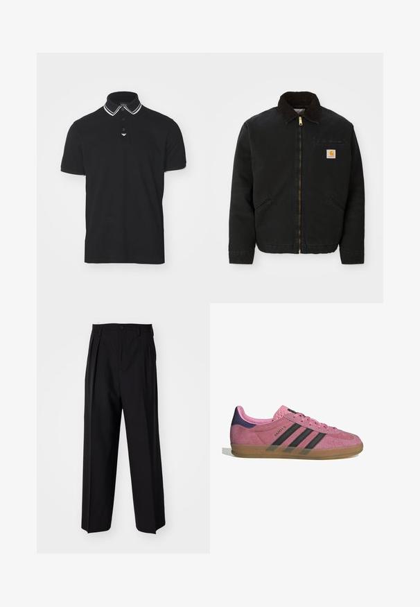 Black zip-up jacket with brown corduroy collar, two side pockets, and a small square Carhartt logo patch on the left chest.; Emporio Armani Polo shirt - black; Black pleated trousers with a straight, wide-leg design. Made from smooth fabric, featuring a button closure and belt loops.; Pink suede sneaker with black stripes, gum sole, and textured purple heel. Features a lace-up design and embossed branding on the side.
