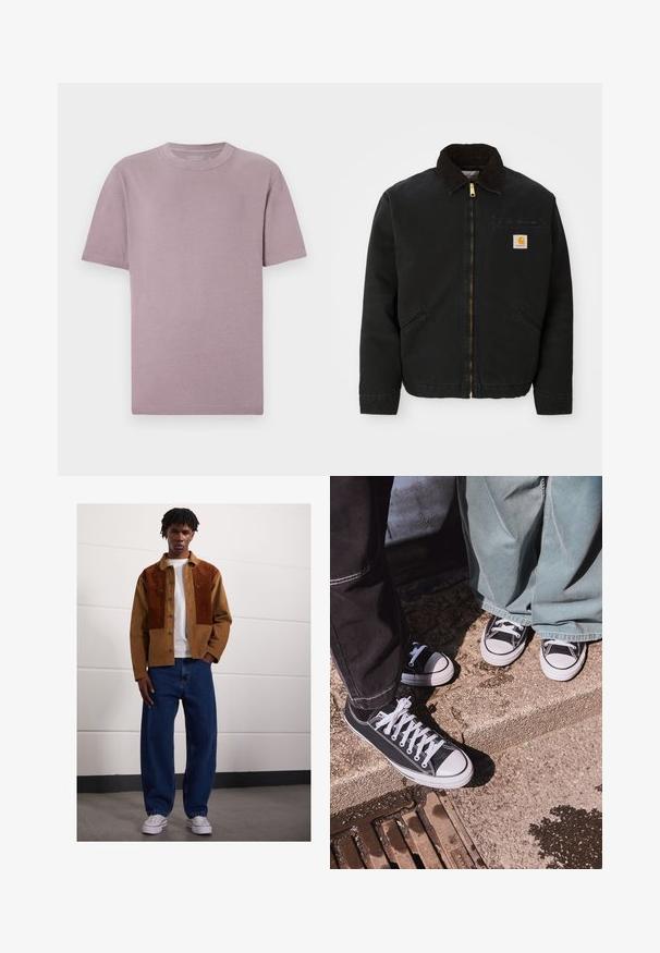 Jachetă neagră cu fermoar, guler din piele de căprioară maro, două buzunare laterale și o mică etichetă pătrată cu logo Carhartt pe pieptul stâng.; Tricou cu mânecă scurtă în nuanță deschisă de mov, fabricat din bumbac moale. Gât clasic în formă de crew, cusături curate și fără logo-uri sau modele vizibile.; Bărbat stând în interior, purtând un sacou din corduroy maro cu pete de rugină, tricou alb, blugi largi albaștri și adidași albi.; Adidași negri din pânză joasă cu vârful din cauciuc alb și șireturi, asociați cu pantaloni largi din denin verde, pe o suprafață texturată din piatră.