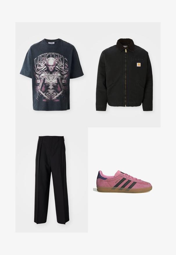 Melns zip-up jaka ar brūnu korduroja apkakli, divām sānu kabatām un mazu kvadrātveida Carhartt logotipa uzšuvumu kreisajā krūtī.; Melnas grafiskās t-krekls, kas izgatavots no kokvilnas, ar lielu rozā un balto dizainu, attēlojošu humanoīdu figūru ar sarežģītām detaļām un tekstu "VERTERE."; Melnas plisētās bikses ar taisnu, plata kāja dizainu. Izgatavotas no gludas auduma, ar pogu aizdari un jostas cilpiņām.; Rozā zamšādas sporta apavi ar melnām svītrām, gumijas zoli un teksturētu purpura papēdi. Iezīmējas ar auklēšanas dizainu un izspiestu zīmolu sānos.