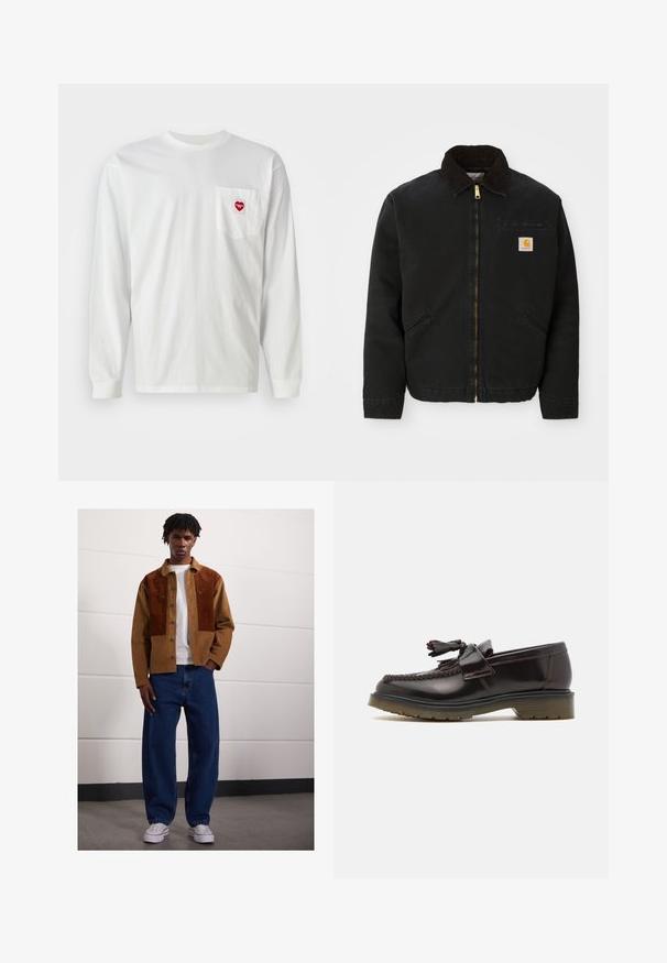 Svarte zip-up jakke med brun kordfløyelskrage, to sidelommer og en liten firkantet Carhartt-logo på venstre bryst.; Hvit langermet T-skjorte laget av bomull, med en lomme på venstre bryst med et rødt hjertepålegg. Klassisk rund hals og ribbestrikkede mansjetter.; Mann som står innendørs iført en brun kordfløyelsjakke med rustfargede flekker, hvit t-skjorte, løse blå jeans og hvite sneakers.; Brune skinn loafers med et vevd design, duskdetalj og flat gummisåle. Har en jevn finish og kontrasterende søm.
