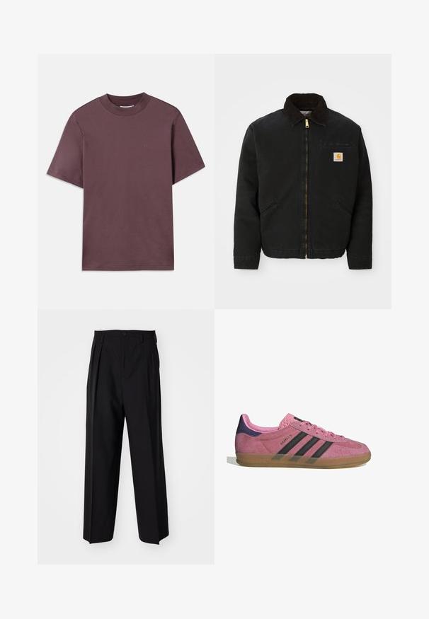 Black zip-up jacket with brown corduroy collar, two side pockets, and a small square Carhartt logo patch on the left chest.; Short-sleeve, crew neck t-shirt in dark mauve, made of soft cotton. Features minimal branding in matching color on the front.; Black pleated trousers with a straight, wide-leg design. Made from smooth fabric, featuring a button closure and belt loops.; Pink suede sneaker with black stripes, gum sole, and textured purple heel. Features a lace-up design and embossed branding on the side.