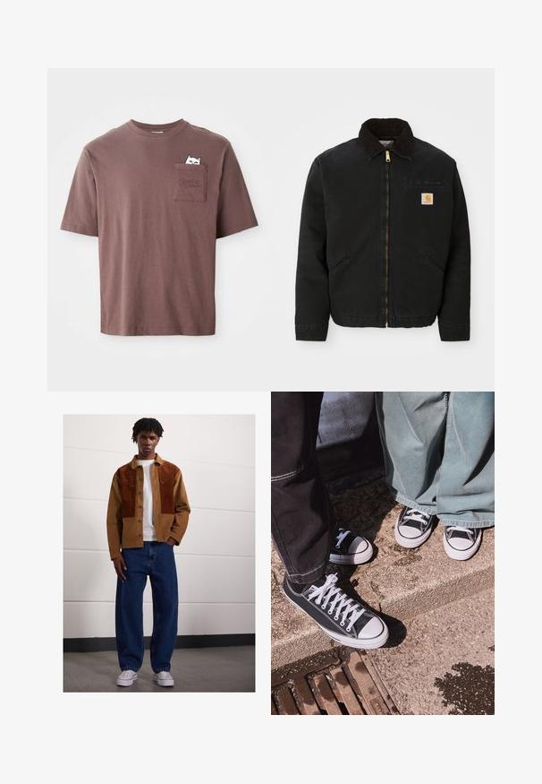 Chaqueta negra con cremallera y cuello de pana marrón, dos bolsillos laterales y un pequeño parche cuadrado con el logo de Carhartt en el lado izquierdo del pecho.; Camisa de algodón marrón con mangas cortas. Presenta un bolsillo en el pecho con un gráfico de un gato asomándose y la palabra "PUMA" grabada en el bolsillo.; Hombre de pie en interiores, vistiendo una chaqueta de pana marrón con parches de óxido, camiseta blanca, jeans azules holgados y zapatillas blancas.; Zapatillas bajas de lona negras con punteras y cordones de goma blanca, combinadas con pantalones de mezclilla verde anchos, sobre una superficie de piedra texturizada.