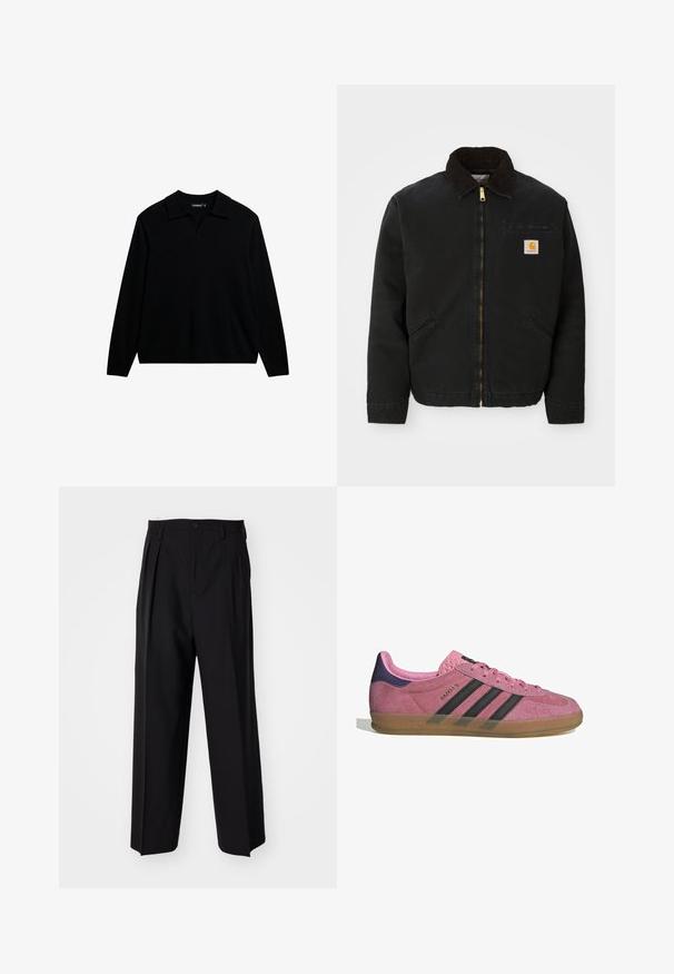 Svarte zip-up jakke med brun kordfløyelskrage, to sidelommer og en liten firkantet Carhartt-logo på venstre bryst.; Svart langermet polo skjorte laget av strikket stoff. Har kragehals og en rett kant uten dekorasjoner eller mønstre.; Sorte plissert bukser med en rett, bred benform. Laget av glatt stoff, med knappelukking og beltehemper.; Rosa semskesko med svarte striper, gummisåle og teksturert lilla hæl. Har en snøringdesign og preget merkevare på siden.