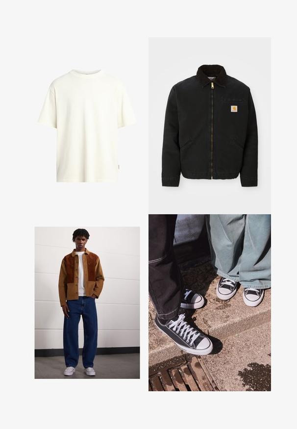 Zwarte ritsjack met een bruine corduroy kraag, twee zijzakken en een klein vierkant Carhartt logo-patch op de linkerborst.; Korte mouwen, ronde hals t-shirt in gebroken wit, gemaakt van zacht katoen, met een rechte snit en een minimalistisch ontwerp zonder patronen.; Man die binnen staat en een bruine corduroyjas met roestvlekken, een wit T-shirt, losse blauwe spijkerbroeken en witte sneakers draagt.; Zwarte canvas lage sneakers met witte rubberen neusdeksels en veters, gecombineerd met brede groene denim broeken, op een gestructureerd stenen oppervlak.