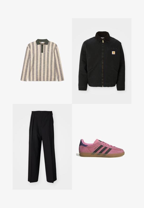 Μαύρο μπουφάν με φερμουάρ και καφέ κοτλέ γιακά, δύο πλαϊνές τσέπες και ένα μικρό τετράγωνο λογότυπο Carhartt στο αριστερό στήθος.; Ριγέ μακρυμάνικη πόλο μπλούζα σε κρέμα και γκρι, με πράσινο γιακά και τέσσερα κουμπιά, με λεπτή κεντημένη λεπτομέρεια του λογότυπου.; Μαύροι πιέτες παντελόνια με ίσια, φαρδιά γραμμή. Κατασκευασμένα από λείο ύφασμα, με κλείσιμο με κουμπί και θηλιές για ζώνη.; Ροζ σουέτ sneakers με μαύρες λωρίδες, καουτσούκ σόλα και υφή μωβ τακούνι. Διαθέτουν σχέδιο με κορδόνια και ανάγλυφο λογότυπο στο πλάι.