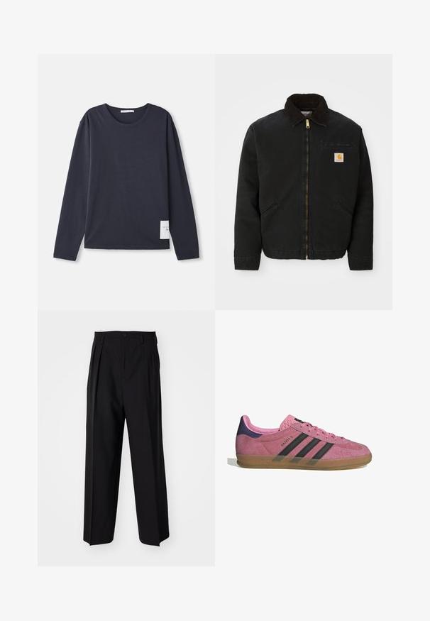 Veste noire à zip avec un col en velours côtelé marron, deux poches latérales et un petit patch carré avec le logo Carhartt sur la poitrine gauche.; T-shirt à manches longues et col rond en coton bleu marine foncé avec une texture douce, présentant une petite étiquette blanche sur le côté gauche.; Pantalons plissés noirs avec un design droit et large. Fabriqués en tissu lisse, avec une fermeture à bouton et des passants de ceinture.; Baskets en suède rose avec des rayures noires, semelle en gomme et talon en velours violet texturé. Présente un design à lacets et un logo embossé sur le côté.