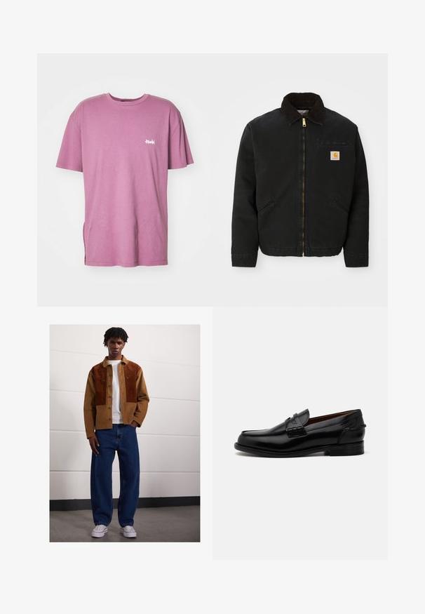 Chaqueta negra con cremallera y cuello de pana marrón, dos bolsillos laterales y un pequeño parche cuadrado con el logo de Carhartt en el lado izquierdo del pecho.; Camiseta de algodón rosa con mangas cortas, cuello redondo y un corte lateral; presenta un pequeño logo blanco en el lado izquierdo del pecho.; Hombre de pie en interiores, vistiendo una chaqueta de pana marrón con parches de óxido, camiseta blanca, jeans azules holgados y zapatillas blancas.; Mocasines de cuero negro con una forma ligeramente alargada, que presentan detalles de costura y un pequeño tacón. Acabado suave y brillante.