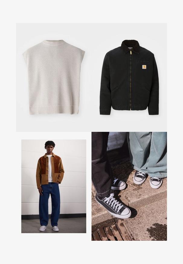 Črna jakna z zadrgo in ovratnikom iz rjave žameta, z dvema stranskima žepoma in majhno kvadratno oznako Carhartt na levem prsnem delu.; Svetlo bež pleteni top brez rokavov z rebrastim robom in okroglim izrezom. Ima teksturiran vzorec in ohlapno prileganje.; Moški stoji v notranjosti, oblečen v rjav žametni jopič z rjavimi madeži, bel t-shirt, ohlapne modre kavbojke in bele superge.; Črne platnene teniske z nizkim vrhom, belimi gumijastimi kapicami in vezalkami, v kombinaciji z širokimi zelenimi jeansi, na teksturirani kamniti površini.