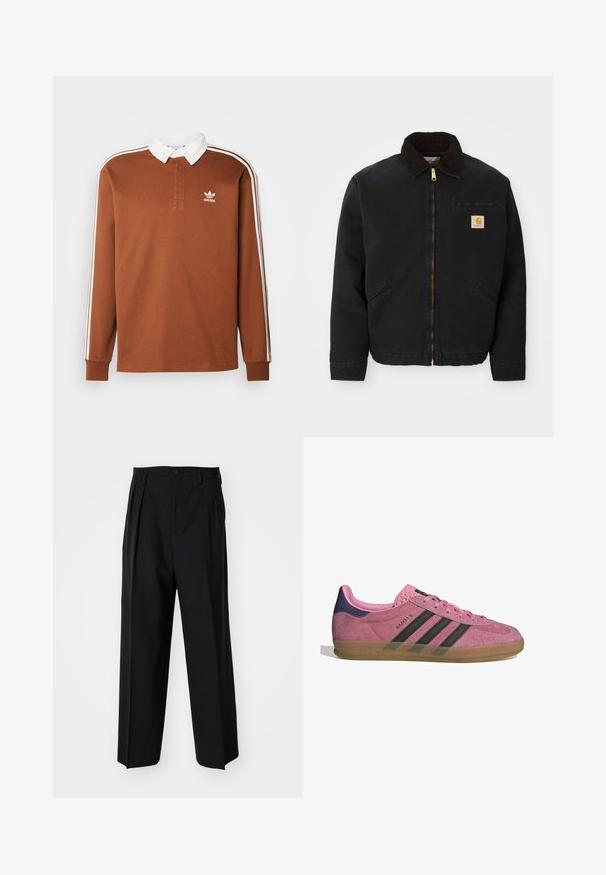 Sort zip-up jakke med brun kordfløjlskrave, to sidelommer og et lille firkantet Carhartt logo patch på venstre bryst.; adidas Originals Langærmet T-shirt - preloved brown; Sorte plisserede bukser med et lige, bred ben-design. Fremstillet af glat stof, med en knaplukning og bæltesløjfer.; Lyserøde ruskinds sneakers med sorte striber, gummisål og struktureret lilla hæl. Har snøredesign og præget branding på siden.