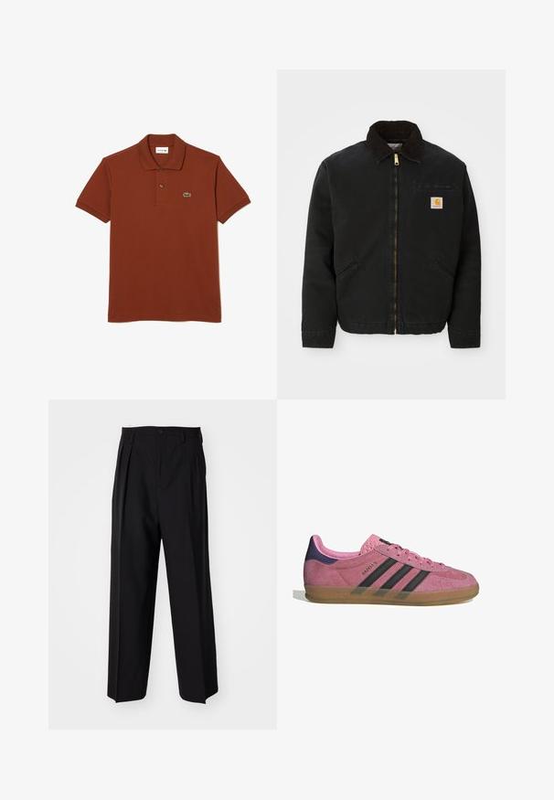 Černá zipová bunda s hnědým kordovým límcem, dvě boční kapsy a malá čtvercová nášivka s logem Carhartt na levé hrudi.; Lacoste Polotričko - marron shi; Černé skládací kalhoty s rovnými, širokými nohavicemi. Vyrobené z hladké tkaniny, se zapínáním na knoflík a poutky na opasek.; Růžové semišové tenisky s černými pruhy, gumovou podrážkou a strukturovaným fialovým podpatkem. Disponují šněrovacím designem a embosovaným logem na boku.