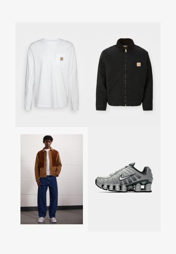 Fekete zipzáras dzseki barna kordbársony gallérral, két oldalsó zsebbe és egy kis négyzet alakú Carhartt logóval a bal mellen.; Hosszú ujjú, fehér, pamut ing, amelyen egy négyzet alakú logóval ellátott mellzseb található. Egyszerű dizájn, lekerekített nyakú és gombos mandzsettával.; Férfi áll bent egy barna kordbársony dzsekiben rozsdás foltokkal, fehér pólóban, laza kék farmerben és fehér sportcipőben.; Szürke és fekete Nike futócipő, látható rugós párnázással a talp alatt és fehér swoosh logóval az oldalon.