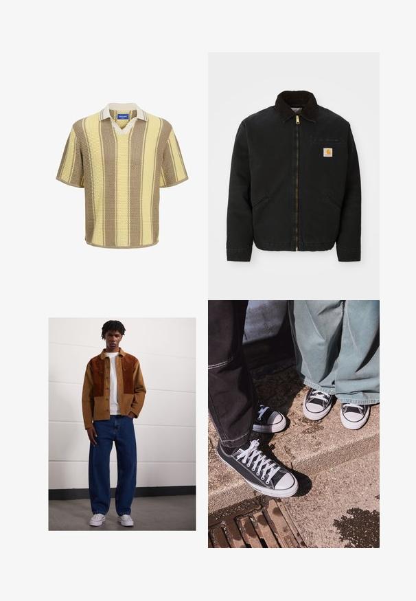 Crna jakna na zip s okovratnikom od smešnog kordura, dva bočna džepa i mala kvadratna oznaka Carhartt na lijevoj strani prsiju.; Polo s kratkim rukavima pleten iz bež, krem i žutih pruga. Dizajn V-izreza s kontrastnim ovratnikom i teksturiranim materijalom.; Muškarac stoji unutra odjeven u smeđi široki šal s hrđavim mrljama, bijelu majicu, labave plave traperice i bijele tenisice.; Crne platnene tenisice niskog kroja s bijelim gumenim kapicama i vezicama, uparene s širokim zelenim trapericama, na strukturiranoj kamenoj površini.