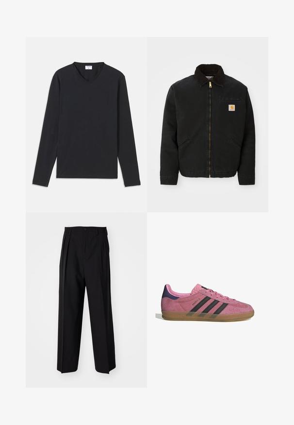 Black zip-up jacket with brown corduroy collar, two side pockets, and a small square Carhartt logo patch on the left chest.; Black long-sleeve T-shirt with a V-neck design, made from soft fabric, featuring a straight cut and no visible patterns or accents.; Black pleated trousers with a straight, wide-leg design. Made from smooth fabric, featuring a button closure and belt loops.; Pink suede sneaker with black stripes, gum sole, and textured purple heel. Features a lace-up design and embossed branding on the side.