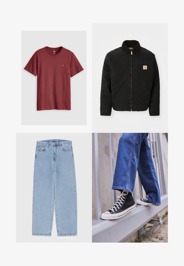 Giacca nera con zip e colletto in corduroy marrone, due tasche laterali e una piccola toppa quadrata con il logo Carhartt sul petto sinistro.; T-shirt corto rosso bordeaux in cotone; presenta un collo a girocollo e una piccola etichetta logo sul lato sinistro del petto. Texture morbida.; Jeans in denim azzurro chiaro con design a gamba dritta, caratterizzati da una vita media, cinque tasche e chiusura con bottone e zip.; Scarpe da ginnastica nere alte con suola e lacci bianchi, abbinate a jeans di denim blu larghi, appoggiate su un parapetto grigio.