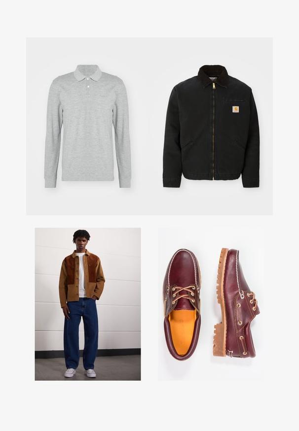 Svart zip-up jacka med brunt kordflöjlskrage, två sidofickor och en liten fyrkantig Carhartt-logotyp på vänster bröst.; Grå långärmad pikétröja i mjukt tyg; har krage, tre knappar och en diskret broderad logotyp på bröstet.; Man som står inomhus och bär en brun kordflodjacka med rostfärgade fläckar, vit t-shirt, lösa blå jeans och vita sneakers.; Burgundy läderskor med bruna gummisulor, rund tå, vit söm och gyllene öljetter. Inredningen har en gul foder.