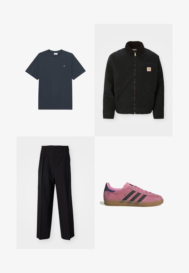 Juodas užtrauktukas švarkas su rudąja kordurojo apykakle, dviem šoninėm kišenėm ir mažas kvadratinis Carhartt logotipo pleistras kairėje krūtinės pusėje.; Tamsiai pilka medvilninė trumpomis rankovėmis marškinėliai su apvaliomis iškirptėmis, ant kairės krūtinės mažas baltas "II" spaudinys.; Juodi klostuoti kelnių, su tiesiu, plačiu kojų dizainu. Pagaminti iš lygios medžiagos, su mygtukų uždarymu ir diržo kilputėmis.; Rožiniai suediniai sportbačiai su juodomis juostelėmis, gumos padas ir tekstūruotas purpurinis kulnas. Yra šnarančios auselės ir įspaustas prekės ženklas šone.