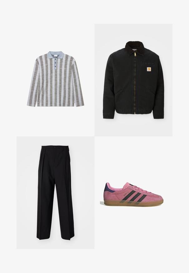 Μαύρο μπουφάν με φερμουάρ και καφέ κοτλέ γιακά, δύο πλαϊνές τσέπες και ένα μικρό τετράγωνο λογότυπο Carhartt στο αριστερό στήθος.; Μακρυμάνικη πόλο μπλούζα με εναλλασσόμενες γκρι και ανοιχτό μπλε ρίγες, ανοιχτό μπλε γιακά και τρία μαύρα κουμπιά στο λαιμό.; Μαύροι πιέτες παντελόνια με ίσια, φαρδιά γραμμή. Κατασκευασμένα από λείο ύφασμα, με κλείσιμο με κουμπί και θηλιές για ζώνη.; Ροζ σουέτ sneakers με μαύρες λωρίδες, καουτσούκ σόλα και υφή μωβ τακούνι. Διαθέτουν σχέδιο με κορδόνια και ανάγλυφο λογότυπο στο πλάι.
