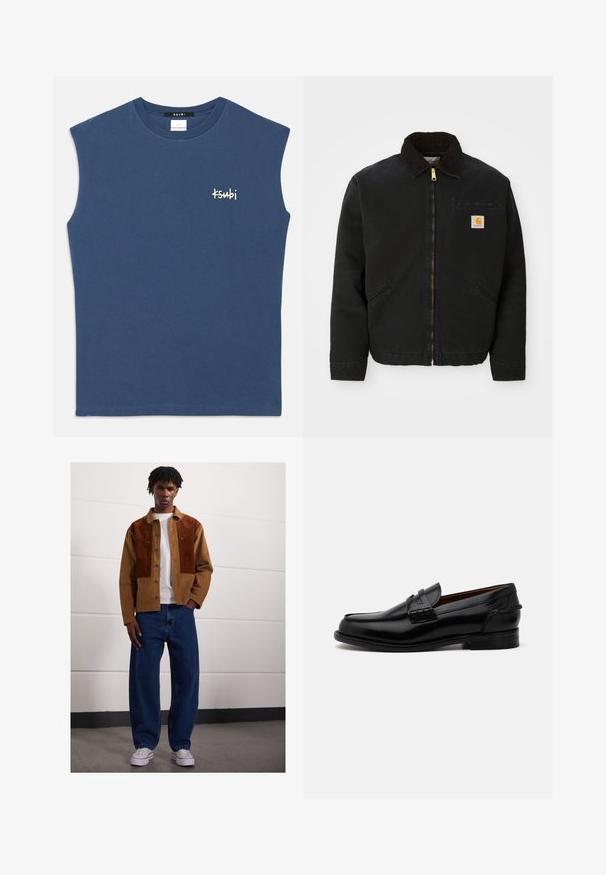 Giacca nera con zip e colletto in corduroy marrone, due tasche laterali e una piccola toppa quadrata con il logo Carhartt sul petto sinistro.; Camicetta senza maniche in cotone blu con scollatura rotonda. Presenta un piccolo logo bianco "Ksubi" sul petto. Tessuto liscio, taglio casual.; Uomo che sta in piedi all'interno, indossando una giacca di velluto a coste marrone con macchie arrugginite, una maglietta bianca, jeans blu larghi e sneaker bianche.; Mocassini in pelle nera con una forma leggermente allungata, caratterizzati da dettagli cuciti e un tacco piccolo. Finitura liscia e lucida.