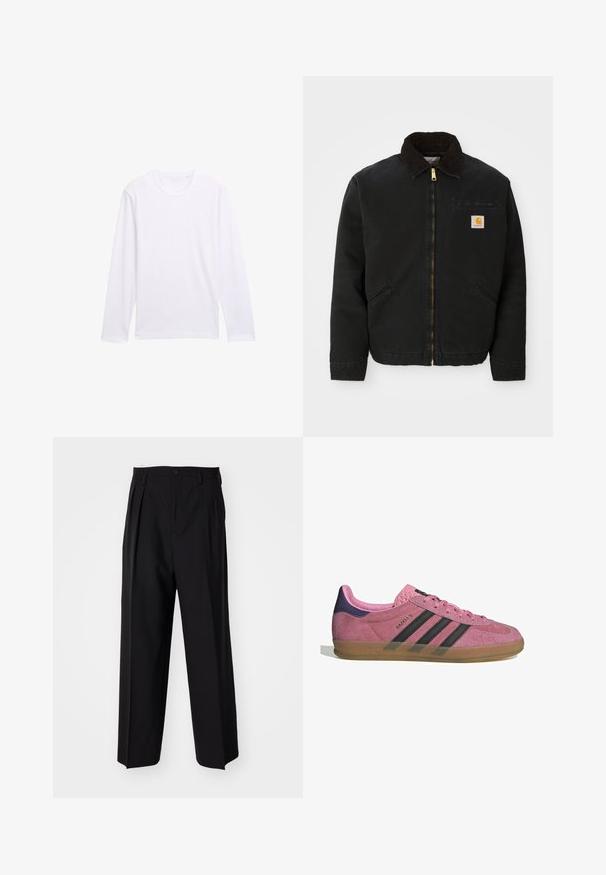 Schwarze zip-up Jacke mit braunem Cordkragen, zwei Seitentaschen und einem kleinen quadratischen Carhartt-Logo-Patch auf der linken Brust.; Weißes Langarm-T-Shirt mit rundem Halsausschnitt, aus weichem Baumwollmaterial und einem schlichten, ungeschmückten Design. Keine sichtbaren Logos oder Muster.; Schwarze, plissierte Hose mit geradem, weitem Bein. Hergestellt aus glattem Stoff, mit Knopfverschluss und Gürtelschlaufen.; Rosa Wildleder-Sneaker mit schwarzen Streifen, Gummisohle und strukturiertem lila Fersenbereich. Verfügt über ein Schnürdesign und geprägte Markenkennzeichnung an der Seite.