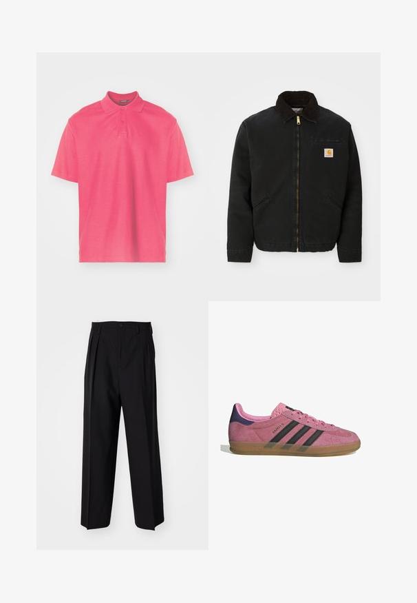 Czarna kurtka zapinana na zamek z brązowym kołnierzem z kordurowej tkaniny, dwa boczne kieszenie oraz mała, kwadratowa naszywka z logo Carhartt na lewej piersi.; Koszulka polo z krótkim rękawem w jaskrawym różowym kolorze. Wykonana z gładkiej bawełny, z klasycznym kołnierzykiem, zapięciem na dwa guziki oraz dyskretnym logo na piersi.; Jasnoróżowa koszula zapinana na guziki z pionowymi niebieskimi paskami, z kołnierzykiem, długimi rękawami i luźnym krojem. Wykonana z gładkiej tkaniny o lekko połyskującej powierzchni.; Czarne plisowane spodnie o prostym, szerokim kroju nogawek. Wykonane z gładkiego materiału, z zapięciem na guzik i pętelkami na pasek.; Różowe zamszowe sneakersy z czarnymi paskami, gumową podeszwą i teksturowanym fioletowym piętą. Posiadają sznurowany design oraz wytłoczone logo na boku.