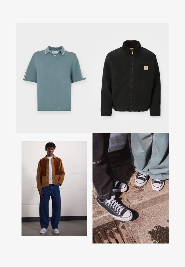 Casaco preto com fecho zip, colarinho de cabedal castanho, dois bolsos laterais e um pequeno patch quadrado com o logótipo da Carhartt no lado esquerdo do peito.; T-shirt de estilo polo em azul-teal suave, com decote em V, mangas curtas e detalhes de gola listrada em contraste. Textura lisa por toda a peça.; Homem de pé dentro de casa, vestindo um casaco de veludo cotelê castanho com mancha de ferrugem, uma t-shirt branca, jeans azuis largos e sapatilhas brancas.; Sapatilhas baixas em tela preta com bicos e cordões de borracha brancos, combinadas com calças de ganga largas verdes, sobre uma superfície de pedra texturizada.