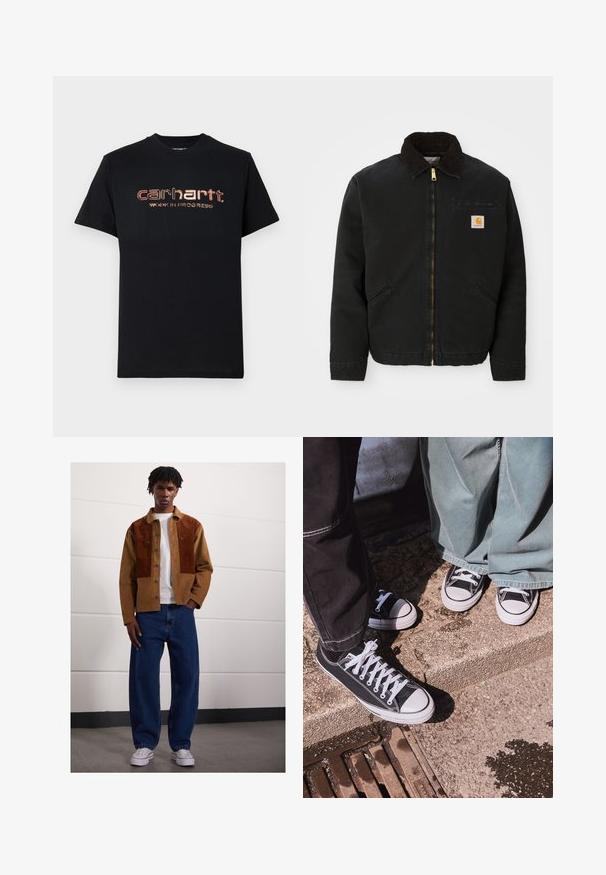 Fekete zipzáras dzseki barna kordbársony gallérral, két oldalsó zsebbe és egy kis négyzet alakú Carhartt logóval a bal mellen.; Fekete pamut póló rövid ujjakkal és kerek nyakkal. Elöl fémes piros és arany szöveg található: "carhartt. MUNKÁBAN."; Férfi áll bent egy barna kordbársony dzsekiben rozsdás foltokkal, fehér pólóban, laza kék farmerben és fehér sportcipőben.; Fekete vászon, alacsony szárú sportcipők fehér gumibókos részekkel és fűzőkkel, széles zöld farmernadrággal párosítva, egy textúrált kőfelületen.