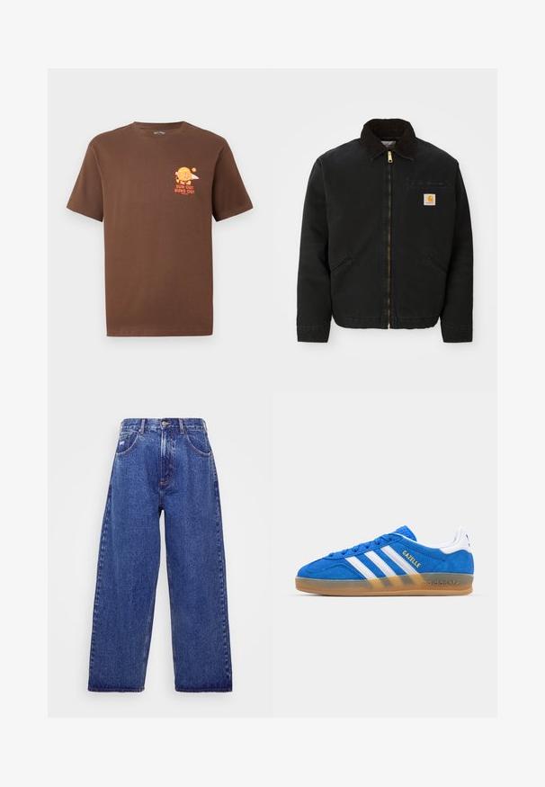 Mustapaita, jossa on ruskea corduroy-kaulus, kaksi sivutaskua ja pieni neliömäinen Carhartt-logopatchi vasemmassa rinnassa.; Ruskohihainen ruskea T-paita, jossa on pieni oranssi graafinen kuva hampurilaisesta, joka pitää surfilaudasta ja teksti "AURINKO ULKONA, PULLAT ULKONA" vasemmassa rinnassa.; Korkeavyötäröiset, siniset farkut, joissa on leveät lahkeet, viisi taskua, nappisuljenta ja hienovarainen haalistuma tekstuurin lisäämiseksi.; Sininen mokkanahka sneakeri, jossa on valkoiset raidat ja "Gazelle"-teksti. Varustettu kumipohjalla ja teksturoiduilla yksityiskohdilla päälliosassa. Klassisella muotoilulla.