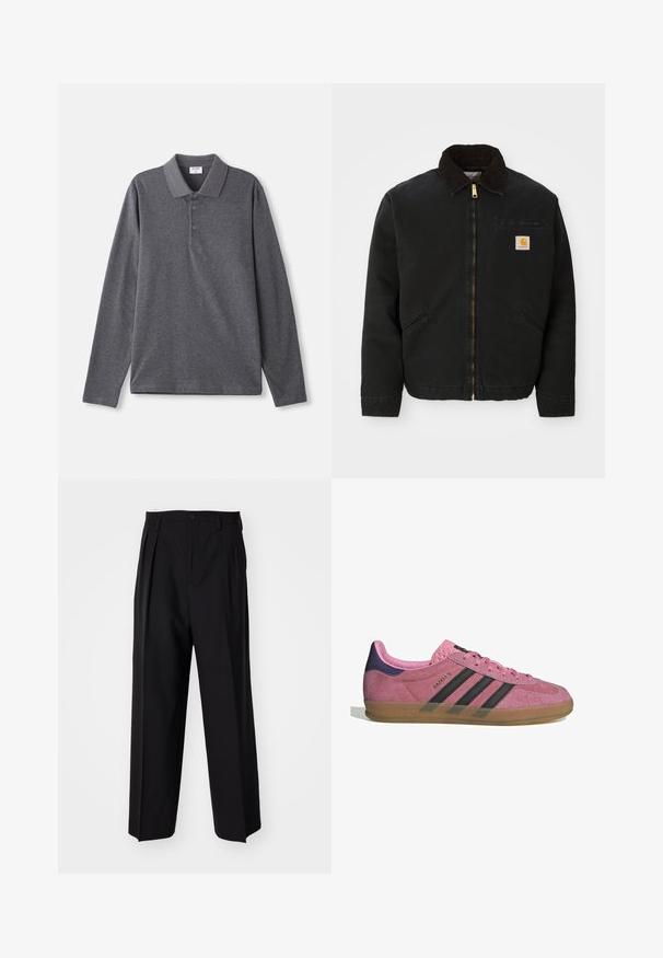 Svart zip-up jacka med brunt kordflöjlskrage, två sidofickor och en liten fyrkantig Carhartt-logotyp på vänster bröst.; Långärmad polo shirt i mörkgrå bomull, med en klassisk krage, tre-knappars placket och en avslappnad passform. Slät textur.; Svarta plisserade byxor med en rak, bred bendesign. Tillverkade av ett slätt tyg, med knäppning fram och bälteshällor.; Rosa mockasnöre med svarta ränder, gummsula och texturerad lila häl. Har en snörningsdesign och prägling på sidan.