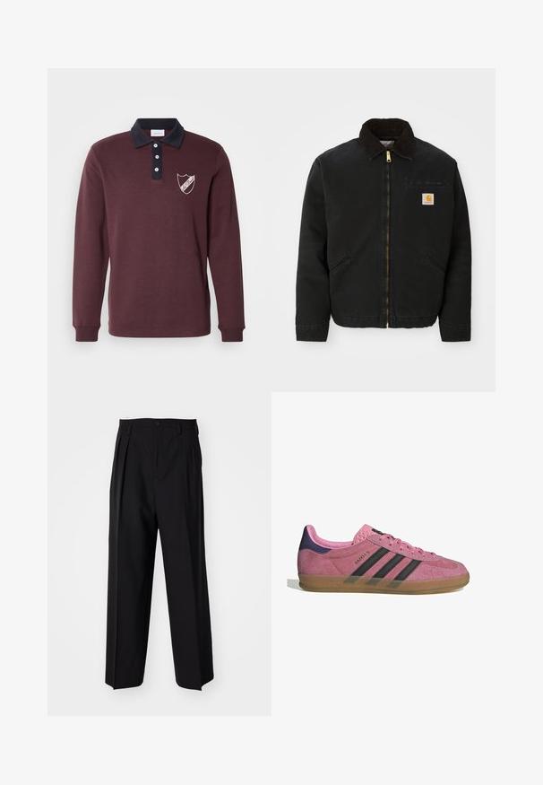 Crna jakna na zip s okovratnikom od smešnog kordura, dva bočna džepa i mala kvadratna oznaka Carhartt na lijevoj strani prsiju.; Burgundijska polo majica dugih rukava s tamnoplavim ovratnikom, tri gumba i izvezenim grbom na lijevoj strani prsnog dijela. Mekani materijal i rebrasti rukavi.; Crne plisirane hlače s ravnim širokim nogavicama. Izrađene od glatkog materijala, s dugmadi za zatvaranje i petljama za remen.; Roze nubuk tenisice s crnim prugama, gumeni potplat i teksturirani ljubičasti petni dio. Imaju vezivanje i utisnuti brend na strani.