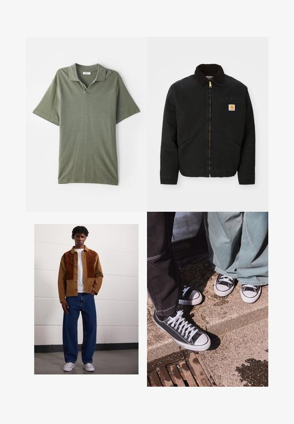 Melns zip-up jaka ar brūnu korduroja apkakli, divām sānu kabatām un mazu kvadrātveida Carhartt logotipa uzšuvumu kreisajā krūtī.; Olīvu zaļš īsām piedurknēm polo krekls ar kakla apkakli un teksturētu audumu. Iezīmējas ar V-veida atvērumu un brīvu piegriezumu.; Vīrietis stāv telpās, ģērbies brūnā korduroja jaciņā ar rūsas pleķiem, baltā T-kreklā, brīvās zilās džinsās un baltās sporta kurpēs.; Melnas kanvas zemo profilu kedas ar baltām gumijas purngaliem un šņorēm, apvienotas ar platām zaļām džinsa biksēm, uz teksturētas akmens virsmas.