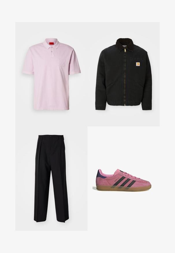 Czarna kurtka zapinana na zamek z brązowym kołnierzem z kordurowej tkaniny, dwa boczne kieszenie oraz mała, kwadratowa naszywka z logo Carhartt na lewej piersi.; Jasnoróżowa koszulka polo z kołnierzykiem, krótkimi rękawami oraz wyhaftowanym logo "HUGO" po lewej stronie klatki piersiowej. Wykonana z miękkiego materiału o gładkiej fakturze.; Czarne plisowane spodnie o prostym, szerokim kroju nogawek. Wykonane z gładkiego materiału, z zapięciem na guzik i pętelkami na pasek.; Różowe zamszowe sneakersy z czarnymi paskami, gumową podeszwą i teksturowanym fioletowym piętą. Posiadają sznurowany design oraz wytłoczone logo na boku.