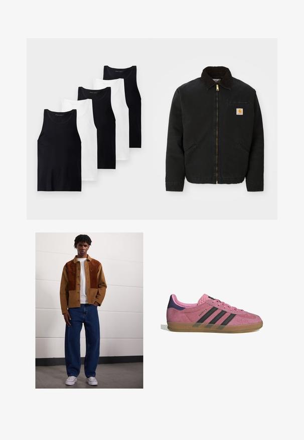 Črna jakna z zadrgo in ovratnikom iz rjave žameta, z dvema stranskima žepoma in majhno kvadratno oznako Carhartt na levem prsnem delu.; Set petih brezrokavnih majic iz bombažne tkanine v črni in beli barvi. Imajo krojaško ovratnik, prilego obliko in enostavno teksturo.; Moški stoji v notranjosti, oblečen v rjav žametni jopič z rjavimi madeži, bel t-shirt, ohlapne modre kavbojke in bele superge.; Roza semišna tenisača z črnimi stripe, gumijastim podplatom in teksturiranim vijoličastim petnim delom. Ima vezalni dizajn in embosirano blagovno znamko na strani.