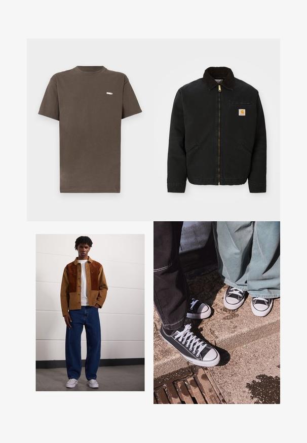 Casaco preto com fecho zip, colarinho de cabedal castanho, dois bolsos laterais e um pequeno patch quadrado com o logótipo da Carhartt no lado esquerdo do peito.; T-shirt de algodão castanho com gola redonda e mangas curtas. Apresenta um pequeno logótipo branco "OBEY" na parte superior esquerda do peito.; Carhartt WIP BRANDON PANT - Calças de ganga largas - blue stone washed; Sapatilhas baixas em tela preta com bicos e cordões de borracha brancos, combinadas com calças de ganga largas verdes, sobre uma superfície de pedra texturizada.