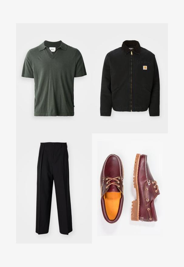 Čierna zipsová bunda s hnedým kordovým golierom, dvoma bočnými vreckami a malou štvorcovou nášivkou s logom Carhartt na ľavej hrudi.; Tmavozelená polo tričko s krátkym rukávom a výstrihom do V, vyrobené z jemného materiálu, s rovnými lemami a postrannými rozparkami pre pohodlie.; Čierne skladané nohavice s rovnom, širokým strihom. Vyrobené z hladkého materiálu, s gombíkovým zapínaním a pútkami na opasok.; Bordové kožené topánky s hnedými gumovými podrážkami, okrúhlou špičkou, bielym prešívaním a zlatými kovaniami. Interiér má žlté podšívku.