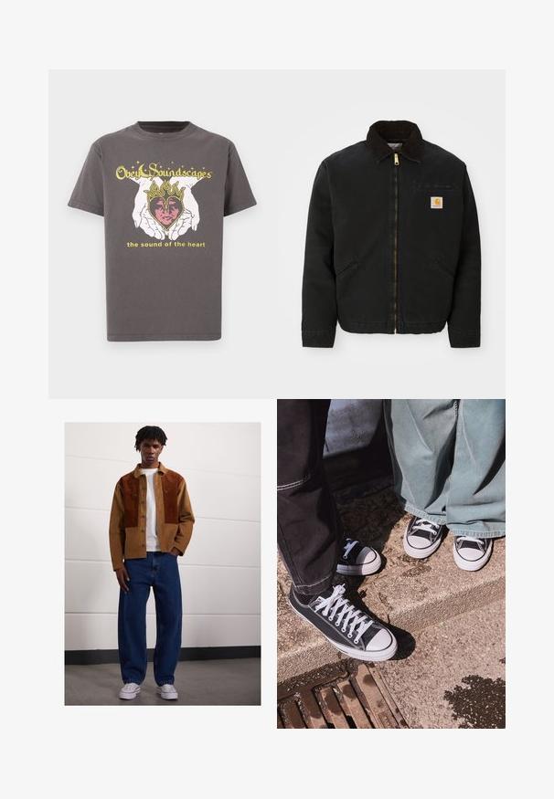 Μαύρο μπουφάν με φερμουάρ και καφέ κοτλέ γιακά, δύο πλαϊνές τσέπες και ένα μικρό τετράγωνο λογότυπο Carhartt στο αριστερό στήθος.; Γκρίζα βαμβακερή μπλούζα με κεντρικό γραφικό σχέδιο που απεικονίζει χέρια που κρατούν μια καρδιά με φλόγες, με τυπωμένο κείμενο πάνω και κάτω σε κίτρινες και ροζ αποχρώσεις.; Άνδρας που στέκεται σε κλειστό χώρο φορώντας καφέ μαλακό σακάκι με ζωηρές ραφές, λευκό μπλουζάκι, φαρδιά μπλε τζιν και λευκά αθλητικά παπούτσια.; Μαύρα καμβά χαμηλά αθλητικά παπούτσια με λευκά καπάκια και κορδόνια, συνδυασμένα με φαρδύ πράσινο τζιν παντελόνι, πάνω σε μία υφασμάτινη επιφάνεια από πέτρα.