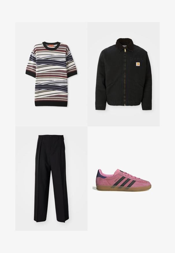 Černá zipová bunda s hnědým kordovým límcem, dvě boční kapsy a malá čtvercová nášivka s logem Carhartt na levé hrudi.; Pletený svetr s krátkým rukávem, který se vyznačuje vícolorovaným zigzagovým vzorem v červené, modré, bílé a černé barvě, s ribovaným černým výstřihem a manžetami.; Černé skládací kalhoty s rovnými, širokými nohavicemi. Vyrobené z hladké tkaniny, se zapínáním na knoflík a poutky na opasek.; Růžové semišové tenisky s černými pruhy, gumovou podrážkou a strukturovaným fialovým podpatkem. Disponují šněrovacím designem a embosovaným logem na boku.