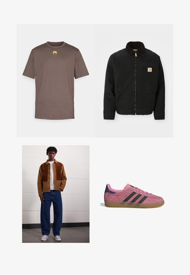 Melns zip-up jaka ar brūnu korduroja apkakli, divām sānu kabatām un mazu kvadrātveida Carhartt logotipa uzšuvumu kreisajā krūtī.; Brahns kokvilnas t-krekls ar apaļu kakla izgriezumu, īsām piedurknēm un mazu dzeltenu grafiku ar zobu detaļu uz krūšu daļas.; Vīrietis stāv telpās, ģērbies brūnā korduroja jaciņā ar rūsas pleķiem, baltā T-kreklā, brīvās zilās džinsās un baltās sporta kurpēs.; Rozā zamšādas sporta apavi ar melnām svītrām, gumijas zoli un teksturētu purpura papēdi. Iezīmējas ar auklēšanas dizainu un izspiestu zīmolu sānos.