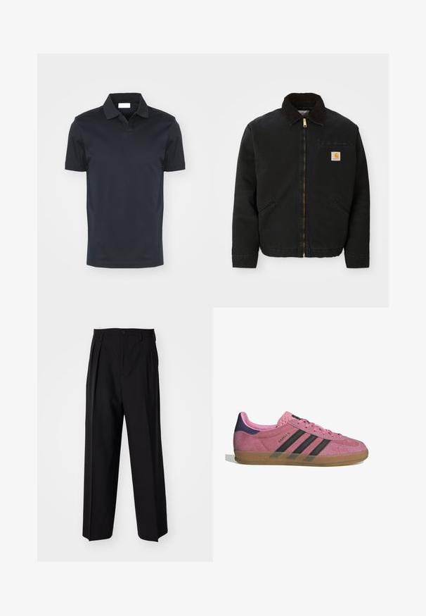 Črna jakna z zadrgo in ovratnikom iz rjave žameta, z dvema stranskima žepoma in majhno kvadratno oznako Carhartt na levem prsnem delu.; Temno modra polo majica s klasičnim ovratnikom in kratkimi rokavi, izdelana iz gladkega blaga. Ima ravne robove in brez vidnih vzorcev.; Črne nabirane hlače s ravnim, širokim krojem. Narejene so iz gladkega materiala in imajo zadrgo ter pasne zanke.; Roza semišna tenisača z črnimi stripe, gumijastim podplatom in teksturiranim vijoličastim petnim delom. Ima vezalni dizajn in embosirano blagovno znamko na strani.