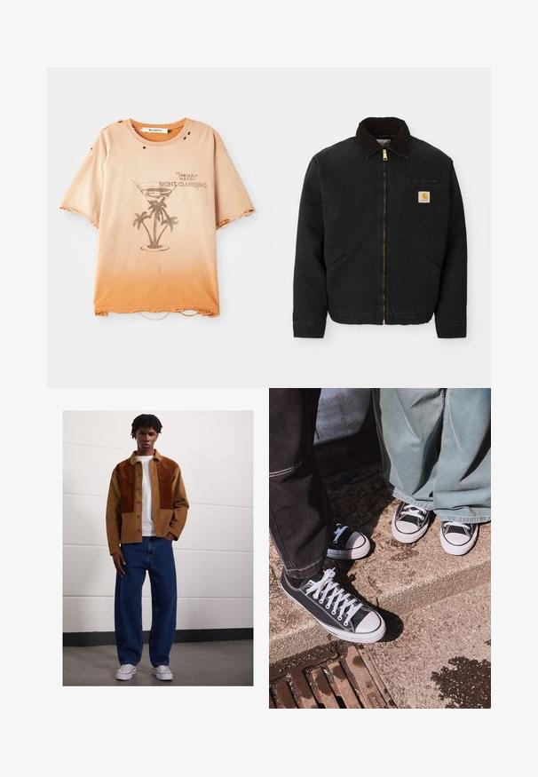 Černá zipová bunda s hnědým kordovým límcem, dvě boční kapsy a malá čtvercová nášivka s logem Carhartt na levé hrudi.; Béžovo-oranžový gradientový tričko s opotřebením a trhlinami, které obsahuje grafiku martini sklenice a palmy s textem "Night Clubbing".; Muž stojící uvnitř, oblečený v hnědé kordové bundě se rezavými skvrnami, bílém tričku, volných modrých džínách a bílých teniskách.; Černé plátěné tenisky s nízkým střihem a bílými gumovými špičkami a tkaničkami, v kombinaci s širokými zelenými džínovými kalhotami, ležící na texturovaném kamenném povrchu.