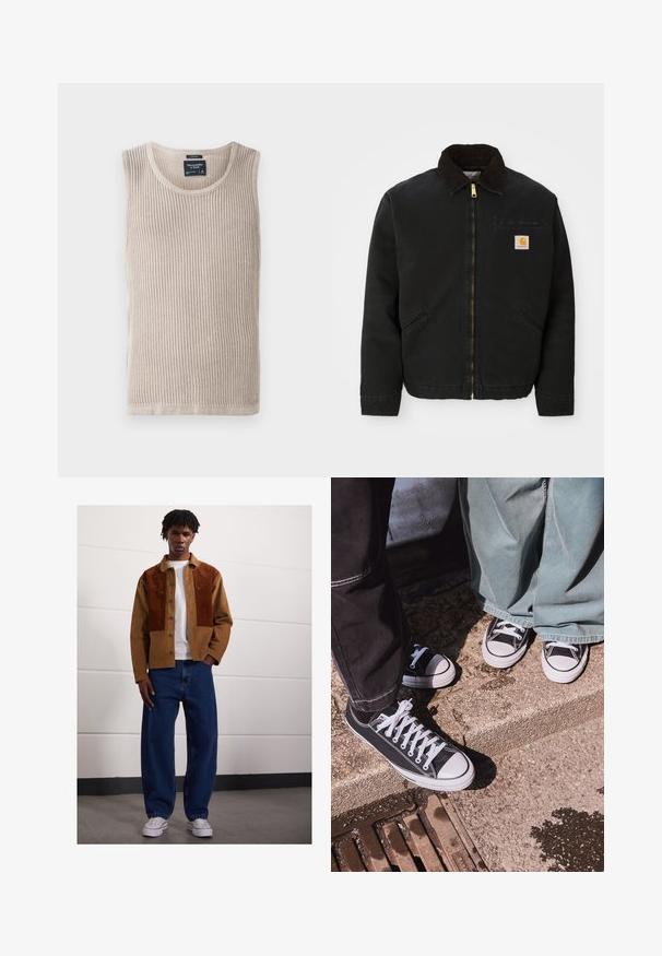 Chaqueta negra con cremallera y cuello de pana marrón, dos bolsillos laterales y un pequeño parche cuadrado con el logo de Carhartt en el lado izquierdo del pecho.; Top de tirantes acanalado beige con escote redondo, diseño sin mangas y textura suave. Etiqueta cosida en el área del cuello, dobladillo limpio.; Hombre de pie en interiores, vistiendo una chaqueta de pana marrón con parches de óxido, camiseta blanca, jeans azules holgados y zapatillas blancas.; Zapatillas bajas de lona negras con punteras y cordones de goma blanca, combinadas con pantalones de mezclilla verde anchos, sobre una superficie de piedra texturizada.