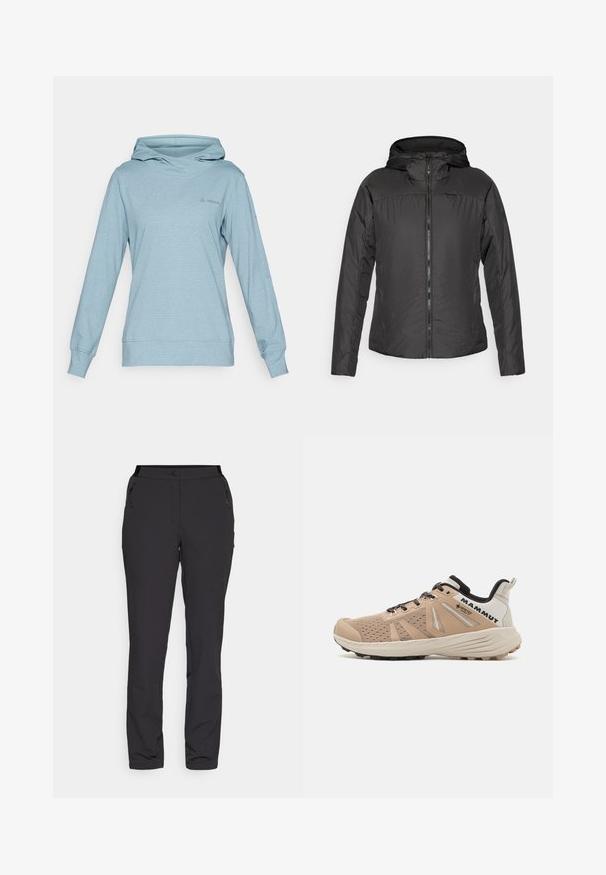Fekete párnázott téli dzseki kapucnival és elöl cipzárral, hosszú ujjakkal és oldalsó zsebekkel, egy sima háttér előtt bemutatva.; Vaude WOMEN'S TUENNO PULLOVER - Kapucnis pulóver - nordic blue; Fekete kültéri nadrág, könnyű anyagból készült, egyenes lábbal, cipzáras oldalzsebekkel és állítható derékkal rendelkezik.; Férfi túrázó cipők bézs hálós felsőrészsel, megerősített orrésszel, fekete kiegészítőkkel és strapabíró talppal a tapadás érdekében.