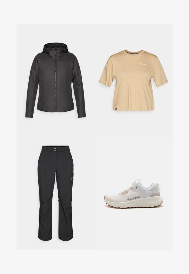 Svart hettejakke med glidelås foran, med et lett, quiltet design og elastiske mansjetter for en tettsittende passform.; Beige bomull T-skjorte med korte ermer. Har rund hals og en hvit logo på brystet. Rett nederkant med et subtilt kledetail.; Svart utebukser med rett snitt, med knappelukking, glidelåslommer på siden, og et logomerket på venstre lår.; Lettvekts Columbia treningssko i hvit mesh med en teksturert grå såle og gummitraction. Har en polstret krage og snøring.